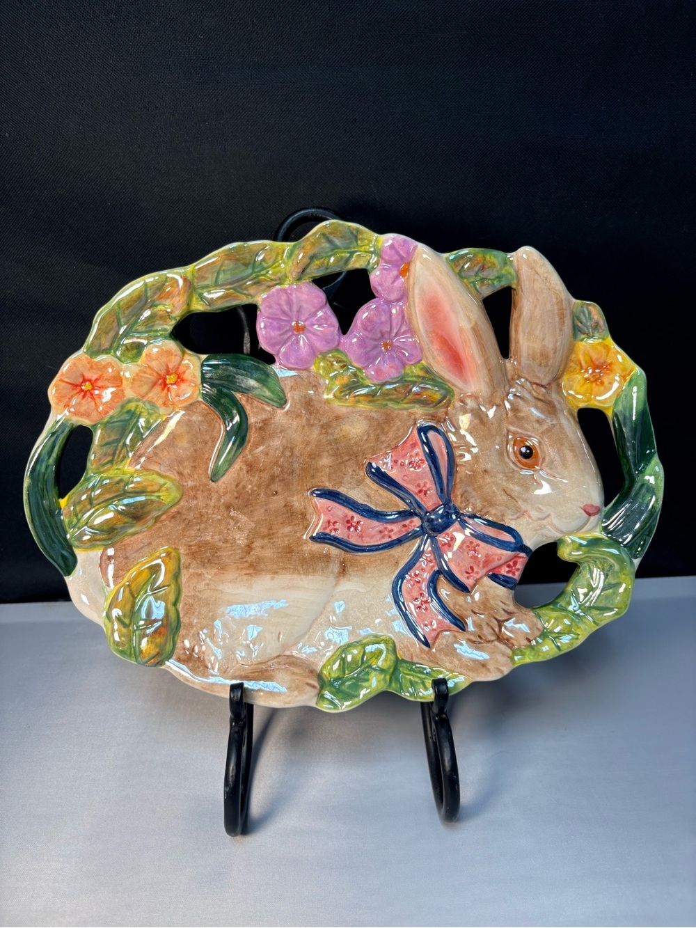 Hand-Painted Ceramic Bunny Platter in Pastel Colors Cottagecore